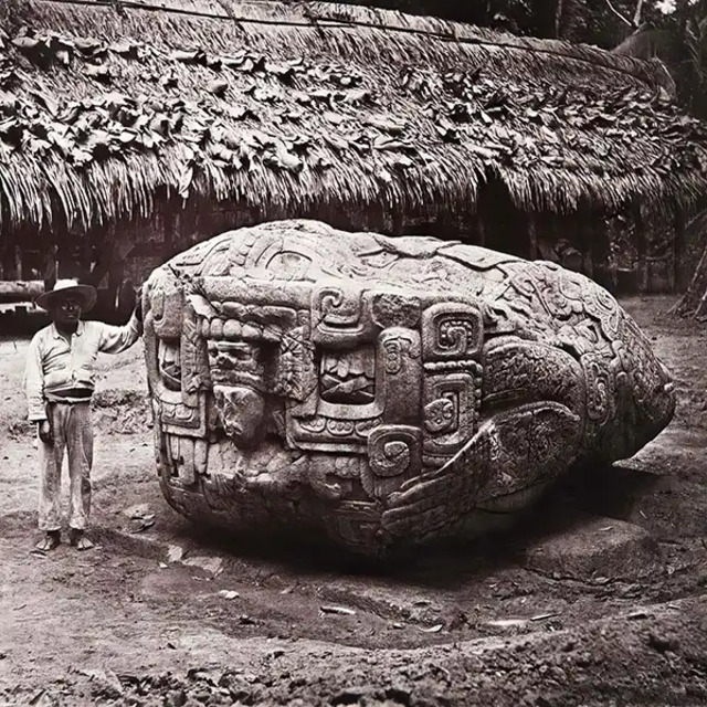 Zoomorph B, a monumental stone carving from 780 C.E. in Quiriguá, Guatemala, photographed in the 1880s.