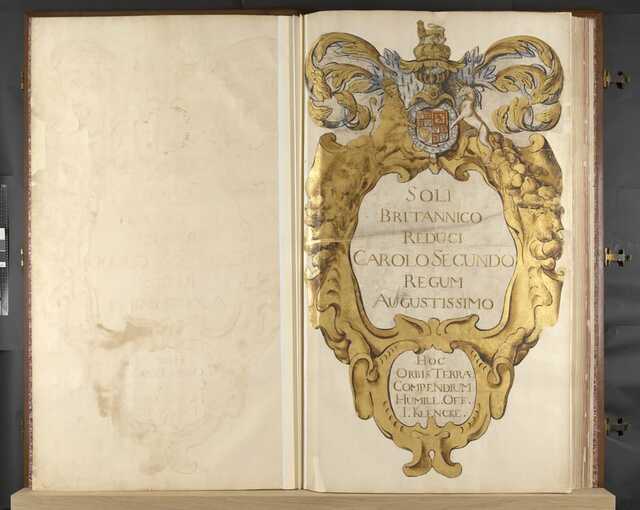 The elaborate title page of the Klencke Atlas, showcasing a decorative cartouche dedicated to King Charles II of England, symbolizing the grandeur and importance of the atlas as a diplomatic gift.