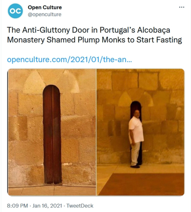 The so-called "Anti-Gluttony Door" at the Alcobaça Monastery, rumored to have been used to restrict food access for overweight monks. In reality, it functioned as a serving hatch. (Credit: Open Culture)