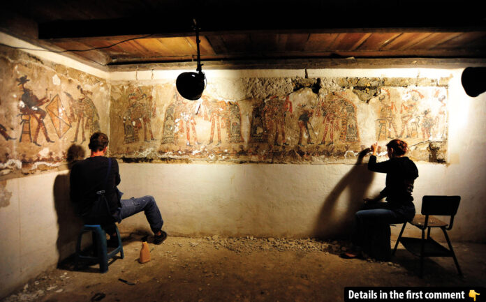 Conservators are carefully restoring wall paintings in Asicona’s home, believed to date back to the 17th or 18th century. These murals likely depict a dance drama once performed by the cofradías.