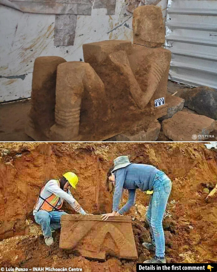 The Chac Mool sculpture unearthed in Pátzcuaro, showcasing its reclining posture characteristic of Mesoamerican art. Credit: Luis Punzo – INAH Michoacán Centre.