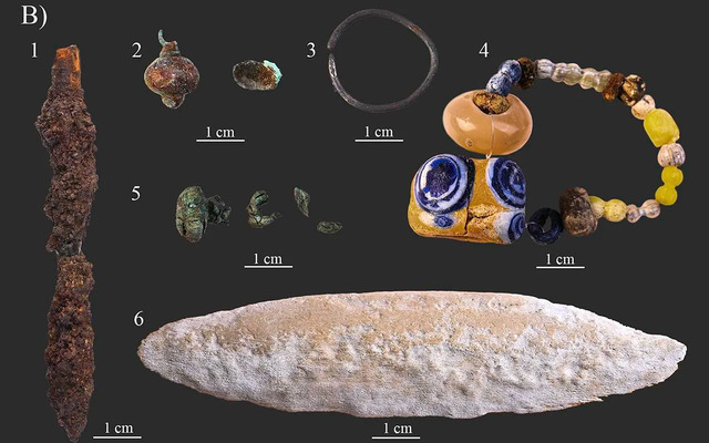 Artifacts from grave No. 63 include: 1) an arrowhead, 2) a bell button, 3) a silver penannular hair ring, 4) a string of beads, 5) fragments of bell buttons, and 6) an antler bow plate. Photographs were taken by Zoltán Faur and edited by Luca Kis. (Credit: B. Tihanyi et al., PLoS ONE, 2024)