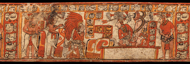 Glyphs on a vessel from the Maya Late Classic period (A.D. 600–800) identify its owner as a royal guardian of the Chajul king. A kneeling figure, adorned with a feathered headdress and a belt featuring two human heads, is thought to represent the king himself.