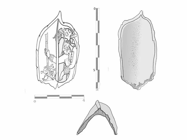 A detailed illustration of the Maya nose ornament, highlighting its precise dimensions and engravings, including the symbolic representation of a Mayan deity and ceremonial elements. (Credit: INAH)