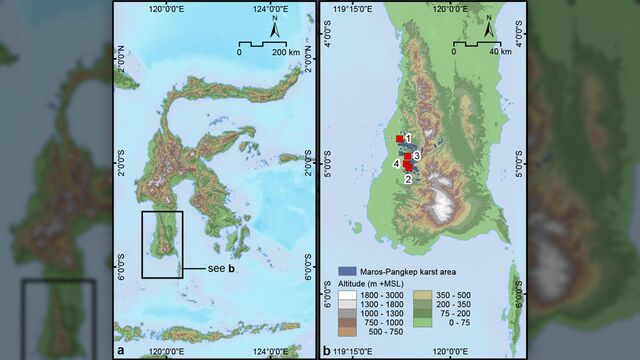 A detailed map of Sulawesi highlights the Maros-Pangkep karst area, where archaeologists conducted their study. The rectangle marks the southwestern peninsula, while the red boxes pinpoint the cave sites. (Image credit: Adhi Agus Oktaviana et al.; (CC-BY 4.0 Deed))