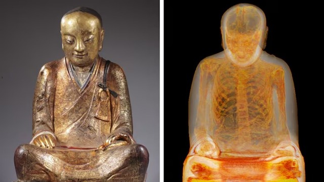 A Buddha statue containing the mummified remains of Buddhist master Liuquan, a revered figure of the Chinese Meditation School, was scanned at the Meander Medical Center in Amersfoort, Netherlands. (Credit: Drents Museum)