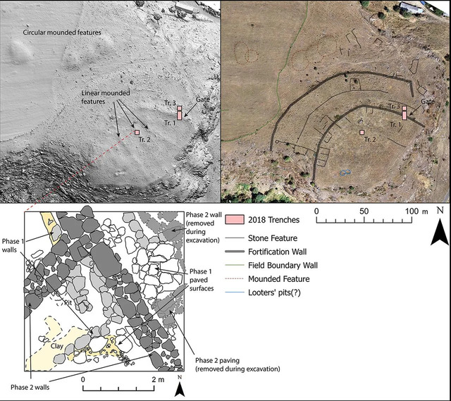 A fascinating combination of hillshade (top left) and orthophoto (top right) provides a detailed view of the fortress core, accompanied by a plan of Trench 2 excavations. (Credit: N. L. Erb-Satullo et al., Antiquity, 2025)