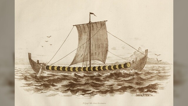 A historical drawing from the 1882 report illustrates the Gokstad ship as it would have appeared on water, complete with yellow and black painted shields lining the hull. (Image credit: Harry Schøyen/Nicolaysen et al, 1882)