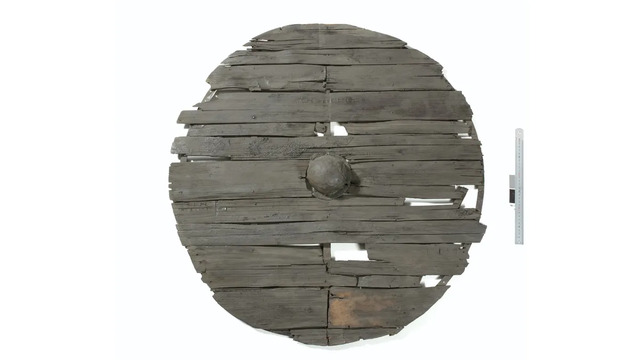 A late 19th- or early 20th-century reconstruction showcases the front of a Gokstad shield, with the central iron boss, crafted from original components, clearly visible. (Image credit: Museum of Cultural History, University of Oslo)