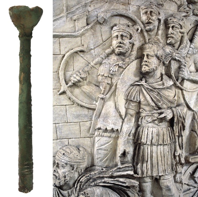 A Roman cornu mouthpiece (left), alongside a detail depicting the instrument on Trajan’s Column (right) in Rome, Italy.