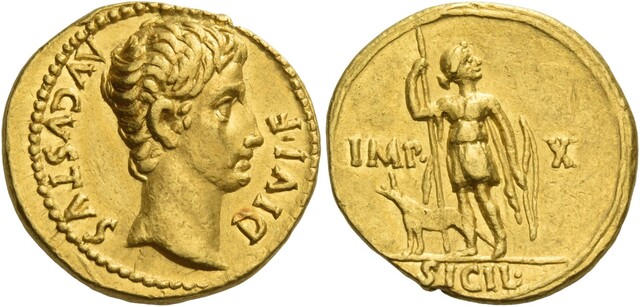 A Roman gold coin depicting Diana Venatrix with a hunting dog, a common iconographic motif in Roman art and jewelry.