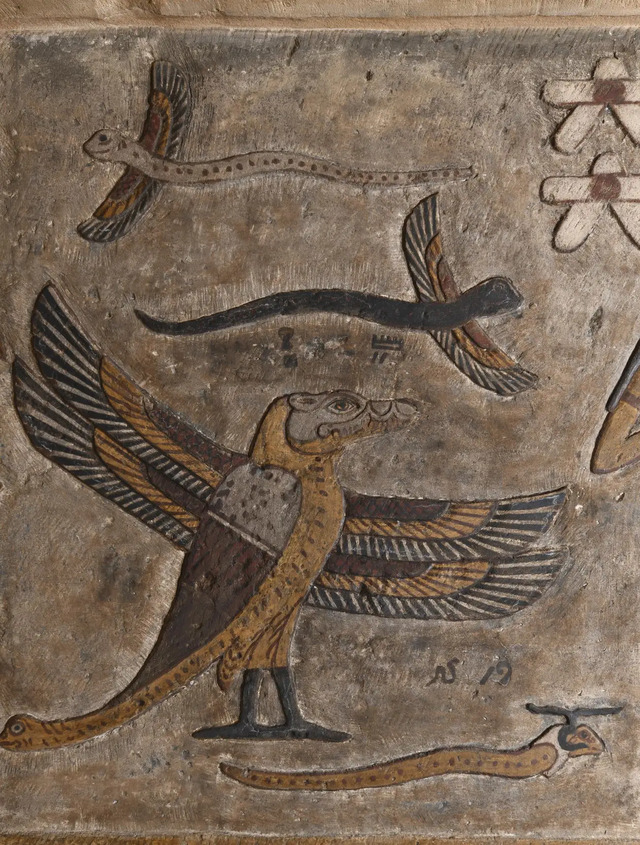 A captivating scene at the Temple of Esna features winged snakes and a creature blending bird, crocodile, and snake characteristics. (Ahmed Emam, Ministry of Tourism and Antiquities)