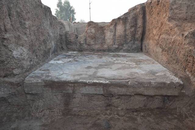 A central dais, or ceremonial platform, discovered at one of the ancient shrines, hinting at its sacred purpose.