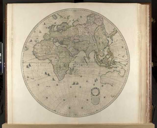 A circular map from the Klencke Atlas, offering a global view of the known world at the time, complete with geographic details and illustrations of ships and compass roses.