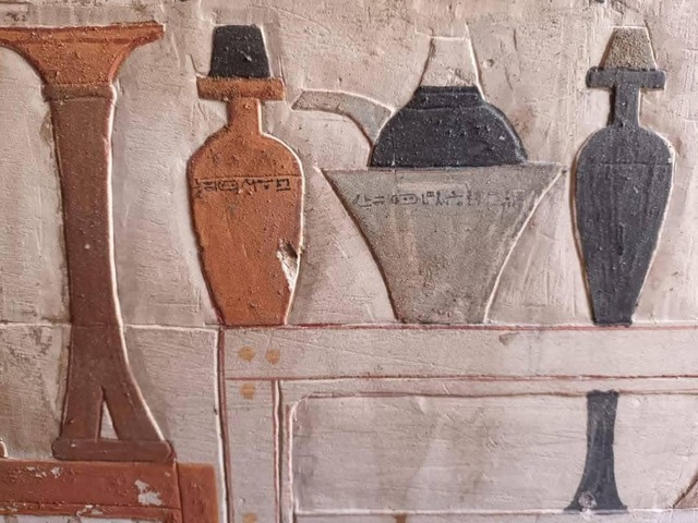 A closer view of hieroglyphics and vessels, revealing insights into Tetinebefou’s role as a physician in the royal court. (Courtesy: Egyptian Ministry of Tourism and Antiquities)