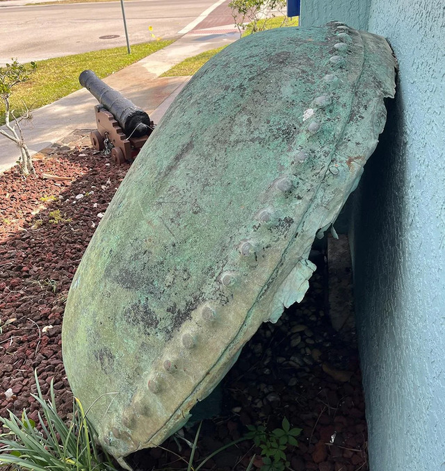 A copper dome believed to be part of a 17th-century primitive diving bell, found near the wreckage of the Spanish galleon Santa Margarita. Credit: Mel Fisher Museum.