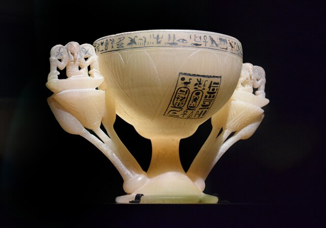 The exquisite Lotus Chalice of Tutankhamun, crafted from a single piece of alabaster, showcasing intricate inscriptions and designs symbolizing eternity and the pharaoh's wish for eternal life. (Credit: Joan Lansberry, 2018)