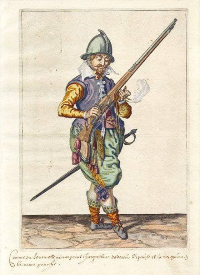 A depiction of a 16th-century foot soldier armed with firearms.