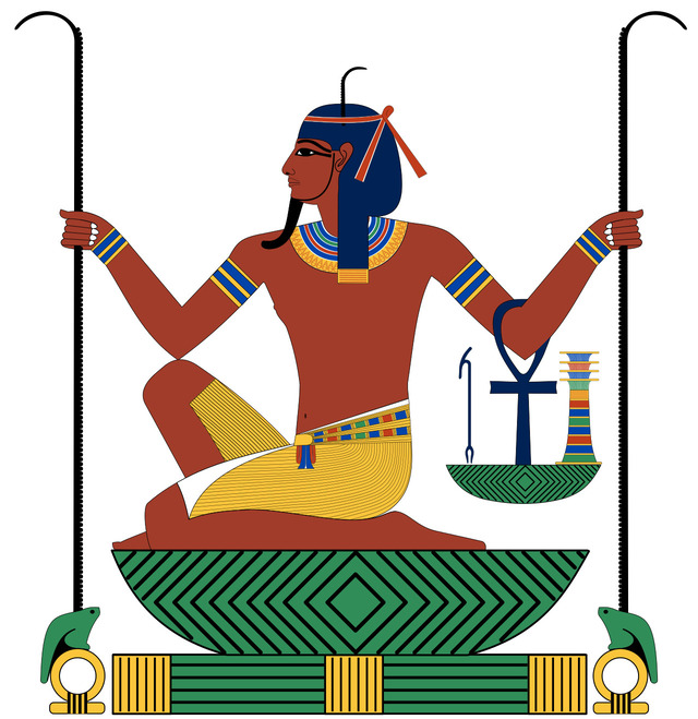 A depiction of Heh, the god of eternity, kneeling on the Neb symbol, adorned with icons of infinity such as the Shen ring, tadpoles, and a palm rib.