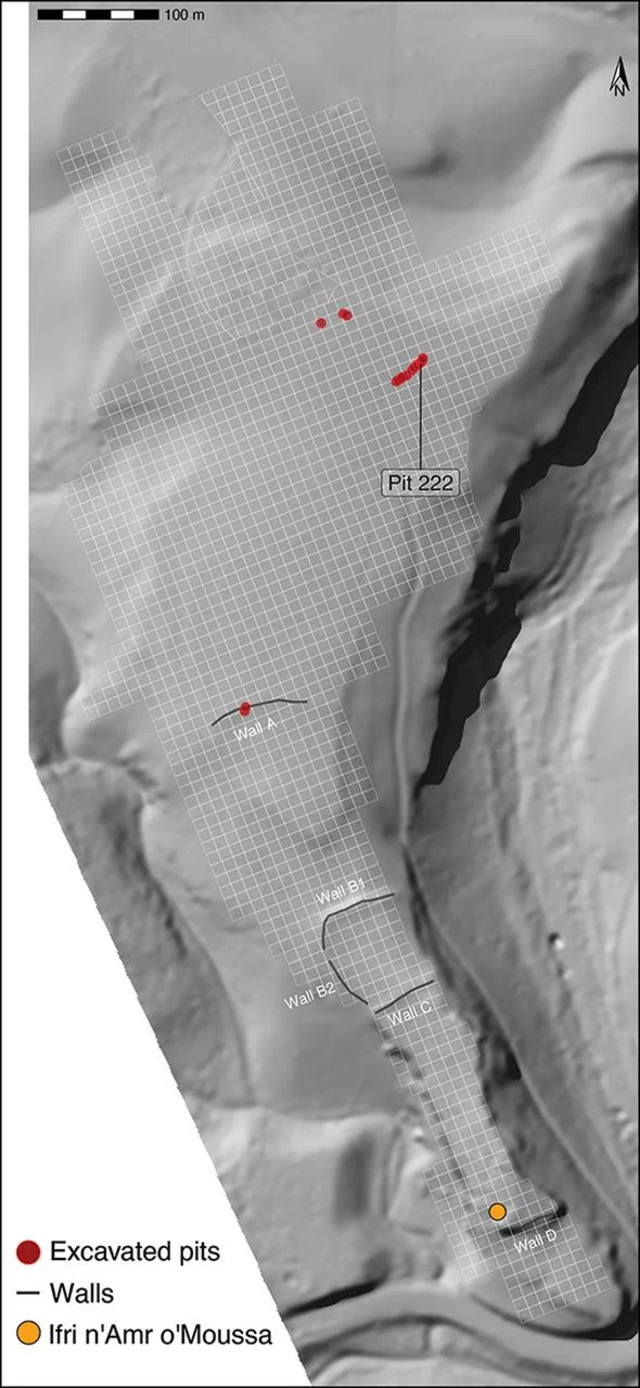 A detailed plan of Oued Beht reveals its known pits and linear structures, offering insights into its ancient landscape. (Credit: Toby Wilkinson/C, Broodbank et al., Antiquity 2024)