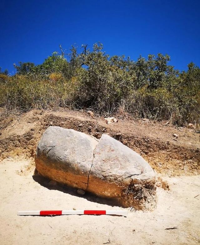 A detailed view of the menhir under excavation, highlighting its shape and texture.