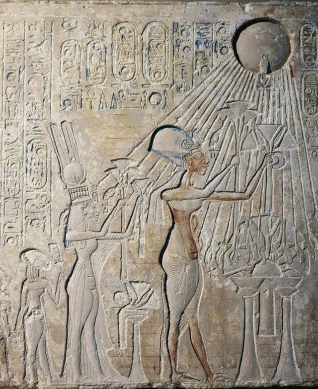 A finely painted relief shows King Akhenaten and his family reverently adoring the sun god Aten.