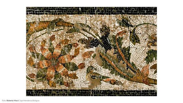 A fragment of Roman mosaic art from Claterna, displaying the intricate designs that adorned ancient homes and public spaces.