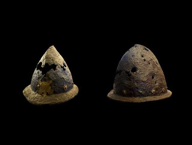 A helmet from Visegrád, displayed in the Salamon Tower exhibition, showcasing its historical parallels.