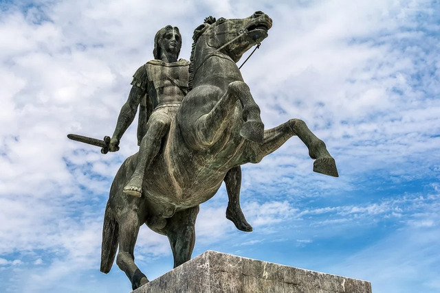 A majestic statue of Alexander the Great, standing proudly in Thessaloniki, Greece.