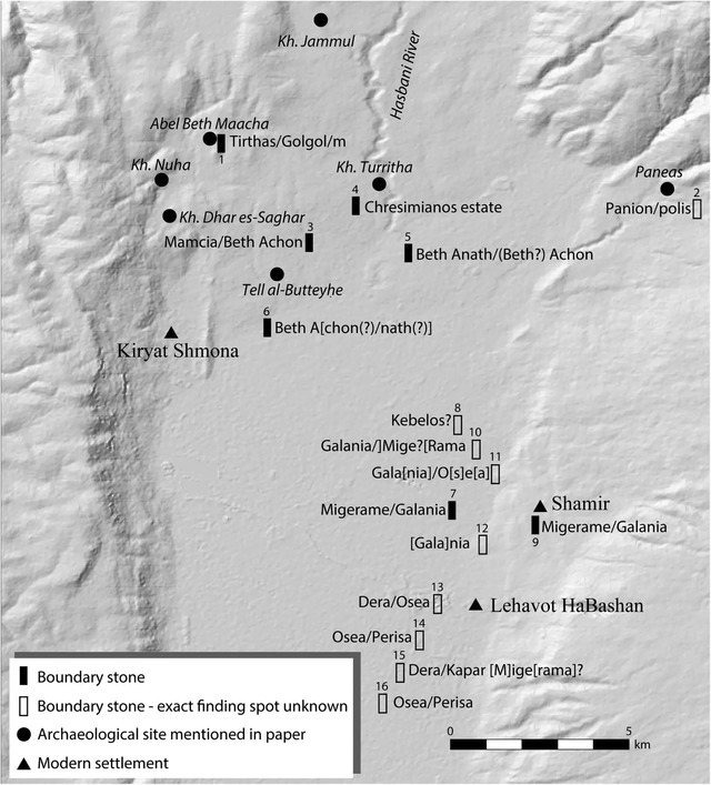 A map illustrating the distribution of boundary stones in the northern Hula Valley. (Credit: R. Sabar)