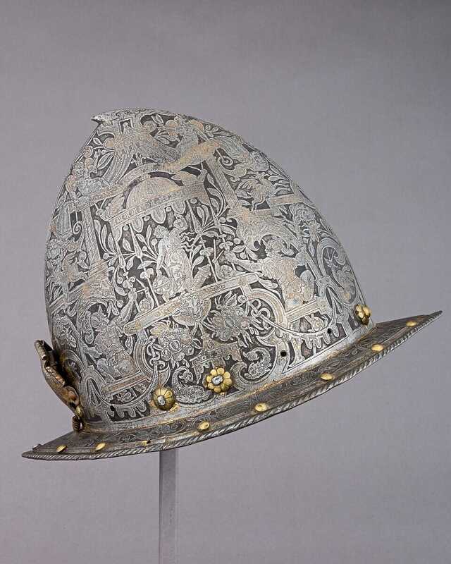 A richly decorated late 16th-century Flemish cabasset helmet from the Metropolitan Museum’s collection (II).