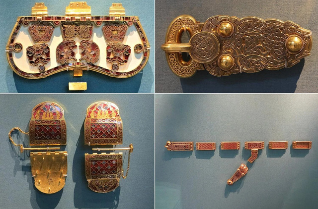 A selection of treasures from Sutton Hoo, featuring the purse-lid, Great Buckle, a detailed gold belt, and two identical shoulder clasps. (Credit: Wikipedia)