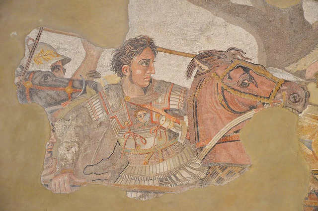 A stunning detail from the Alexander Mosaic, illustrating the Battle of Issus between Alexander the Great and Darius III, preserved at the Naples Archaeological Museum.