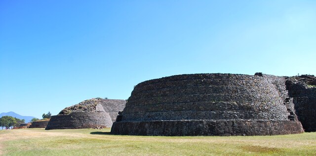 A stunning view of the yácata pyramids from the southern end highlights their grandeur and unique architectural style.