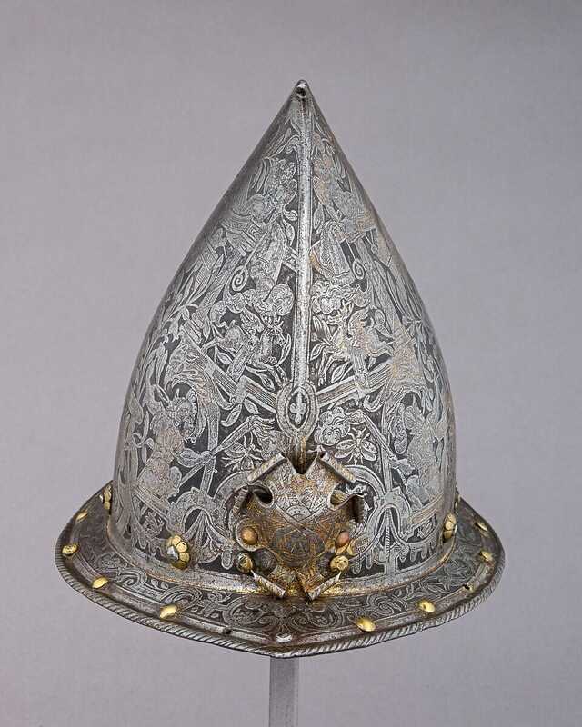 A stunningly ornate late 16th-century Flemish cabasset helmet preserved in the Metropolitan Museum’s collection (I).