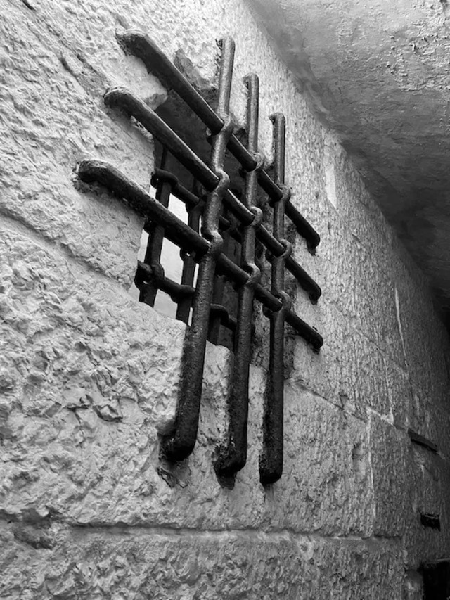 A sturdy iron grate securing a window in the New Prisons of the Doge’s Palace, evoking Venice’s historic fortifications.