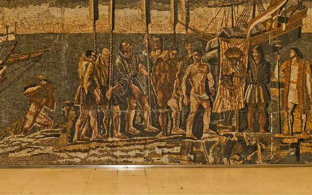 A vibrant mosaic at Madrid’s Avenida de América Metro Station depicts Christopher Columbus (1451–1506 CE) and the momentous discovery of the New World.