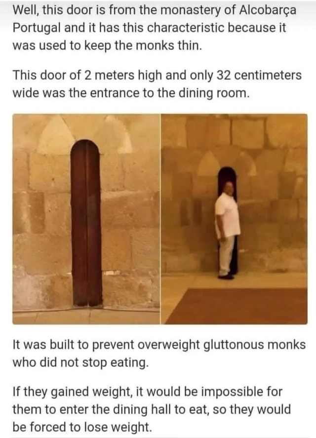 A viral internet claim falsely suggests this door was a test for monks' discipline, requiring them to fit through to access food. (Credit: Open Culture)