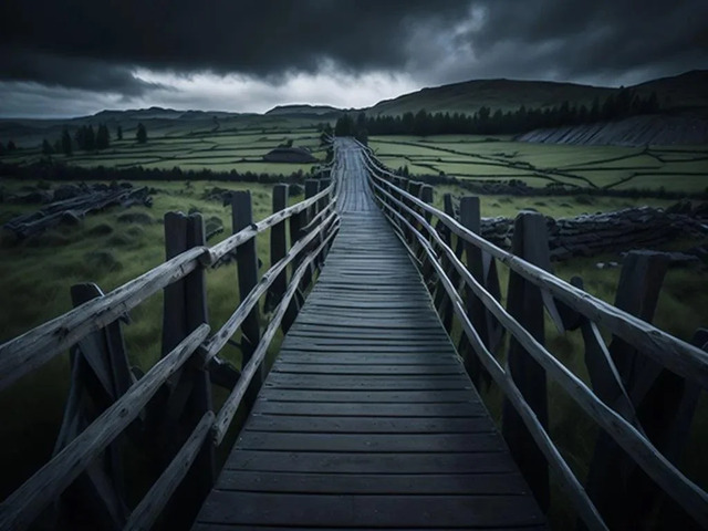 A visualization of the ancient wooden bridge that once spanned the River Wye, linking England and Wales during Roman times