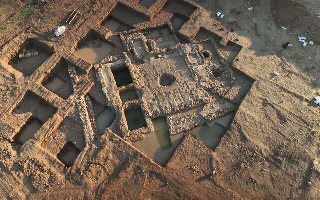 An aerial view of the excavation near Kiryat Gat reveals an extensive wine-making operation, offering insight into Byzantine-era craftsmanship. (Emil Aladjem/Israel Antiquities Authority, January 6, 2024)