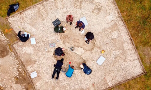 Aerial view of archaeologists excavating the Anglo-Saxon cemetery where the extraordinary sword was unearthed. Credit: Prof Alice Roberts/BBC/Rare TV.