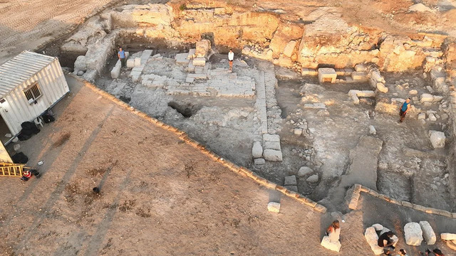 An aerial perspective highlights the "principia," the headquarters of the Roman military base near Tel Megiddo, offering a glimpse into its strategic importance. (Credit: Matthew J. Adams)