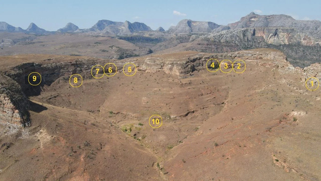 An aerial perspective reveals the main archaeological features nestled within the cirque ofTeniky. (Credit: G. Schreurs et al., Azania: Archaeological Research in Africa, 2024)