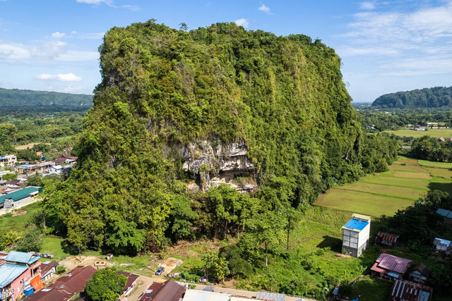 An aerial view of Karampuang Hill in South Sulawesi provides a stunning backdrop to the site of this historic cave art. (Image credit: BRIN Google Arts & Culture)