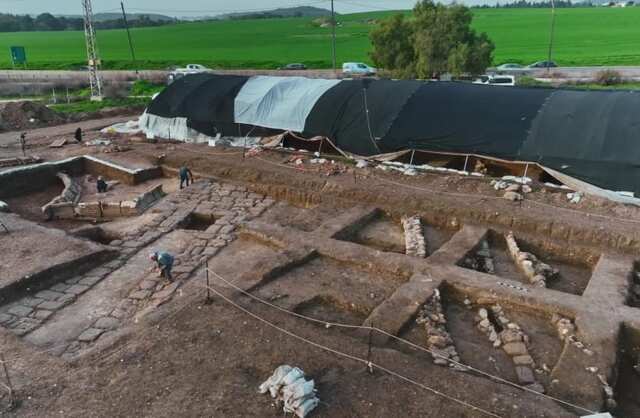 An aerial view of the 1,800-year-old Roman military base near Tel Megiddo, showcasing the excavation site and its layout. Credit: Emil Aladjem, Israel Antiquities Authority.