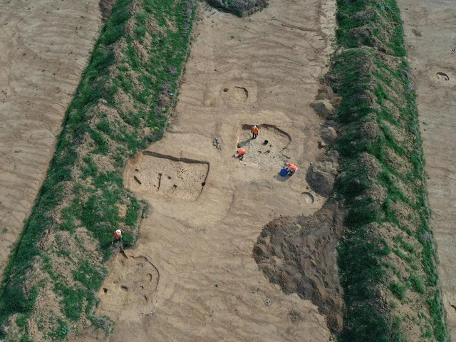 An aerial view of the excavation site, revealing its remarkable layout from above.