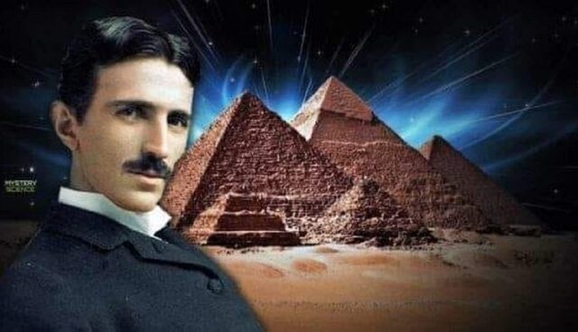 An artistic rendering linking Tesla’s genius with the enigmatic Great Pyramids, reflecting his belief in their hidden energy secrets.