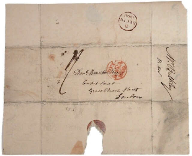 An envelope labeled “Miss Bulkley” by the family solicitor once held a letter from James Barry. (Wikimedia Commons)