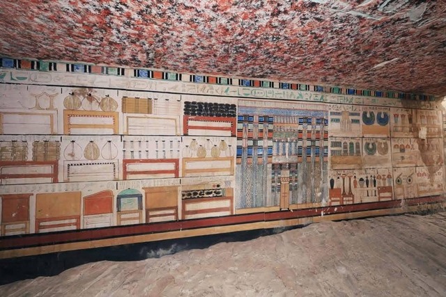 An expansive view of a mural within the tomb, illustrating offerings and rituals practiced during Tetinebefou’s time. (Courtesy: Egyptian Ministry of Tourism and Antiquities)