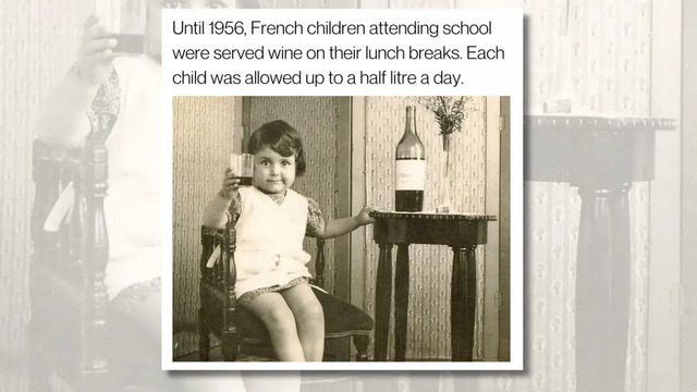 An old photograph illustrating the practice of serving wine to French schoolchildren during lunch breaks until 1956.